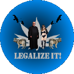 Iconic placeholder with image of the Elder Bard and the Temple Priestess flanked by two wolves attentively at rest and two groups of ravens in flight. Behind them is a marijuana leaf in grey. Underneath it are the words legalize it.